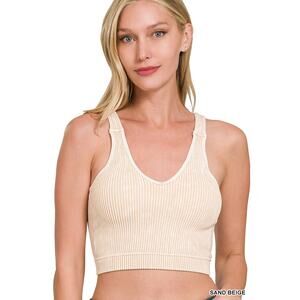 ROSLYN SAND BEIGE WASHED RIBBED CROPPED SEAMLESS BRA PADDED TANK TOP - L/XL